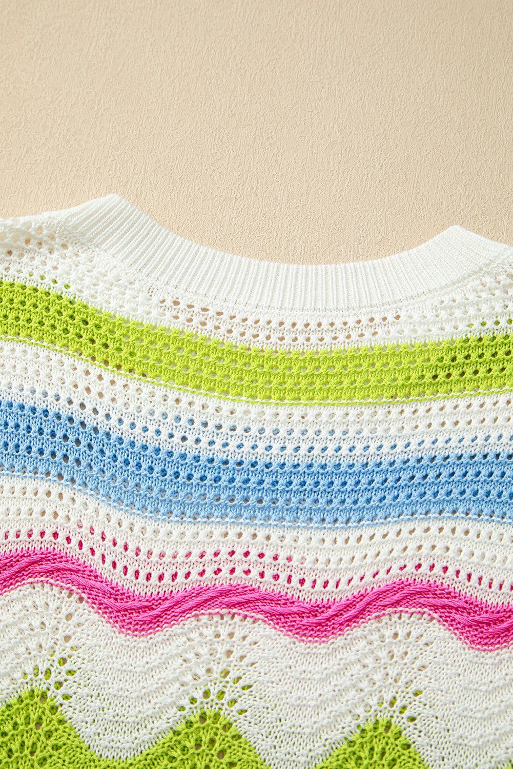 image-White Colorblock Crochet Knit Ruffled Short Sleeve Top