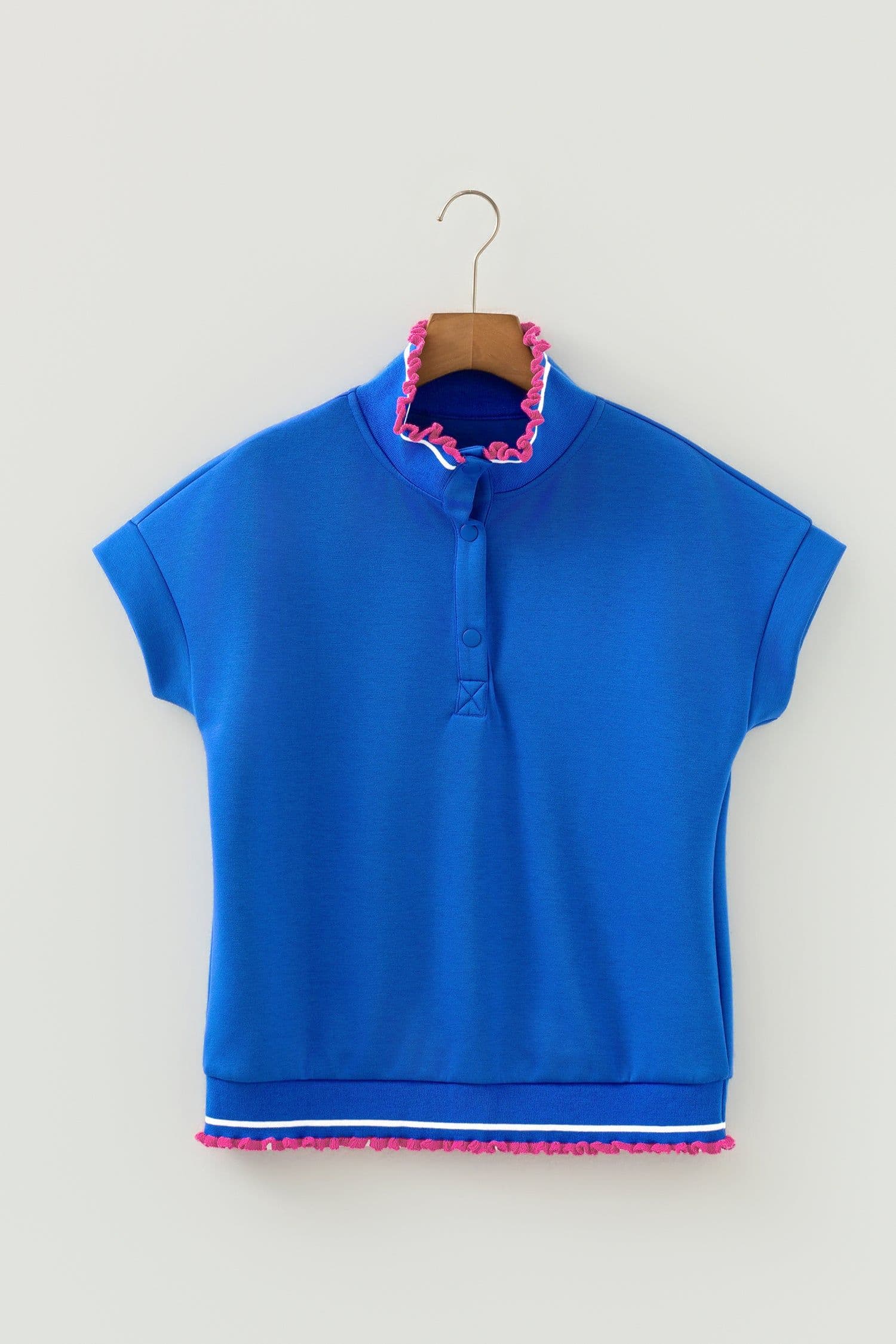 image-Sky Blue Knit Top - Frilled Trim Button Collar