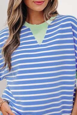 image-Sky Blue Stripe Top - Loose Short Sleeve Contrast Trim - Sizes Available