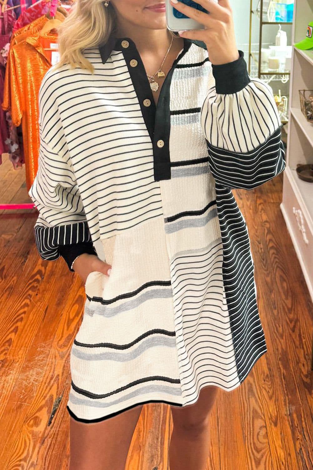 image-Black Stripe Knit Henley Collar Shift Dress - Long Sleeve, Mini Dress