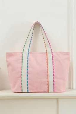 image-White Canvas Tote Bag - Colorful Ricrac Detail