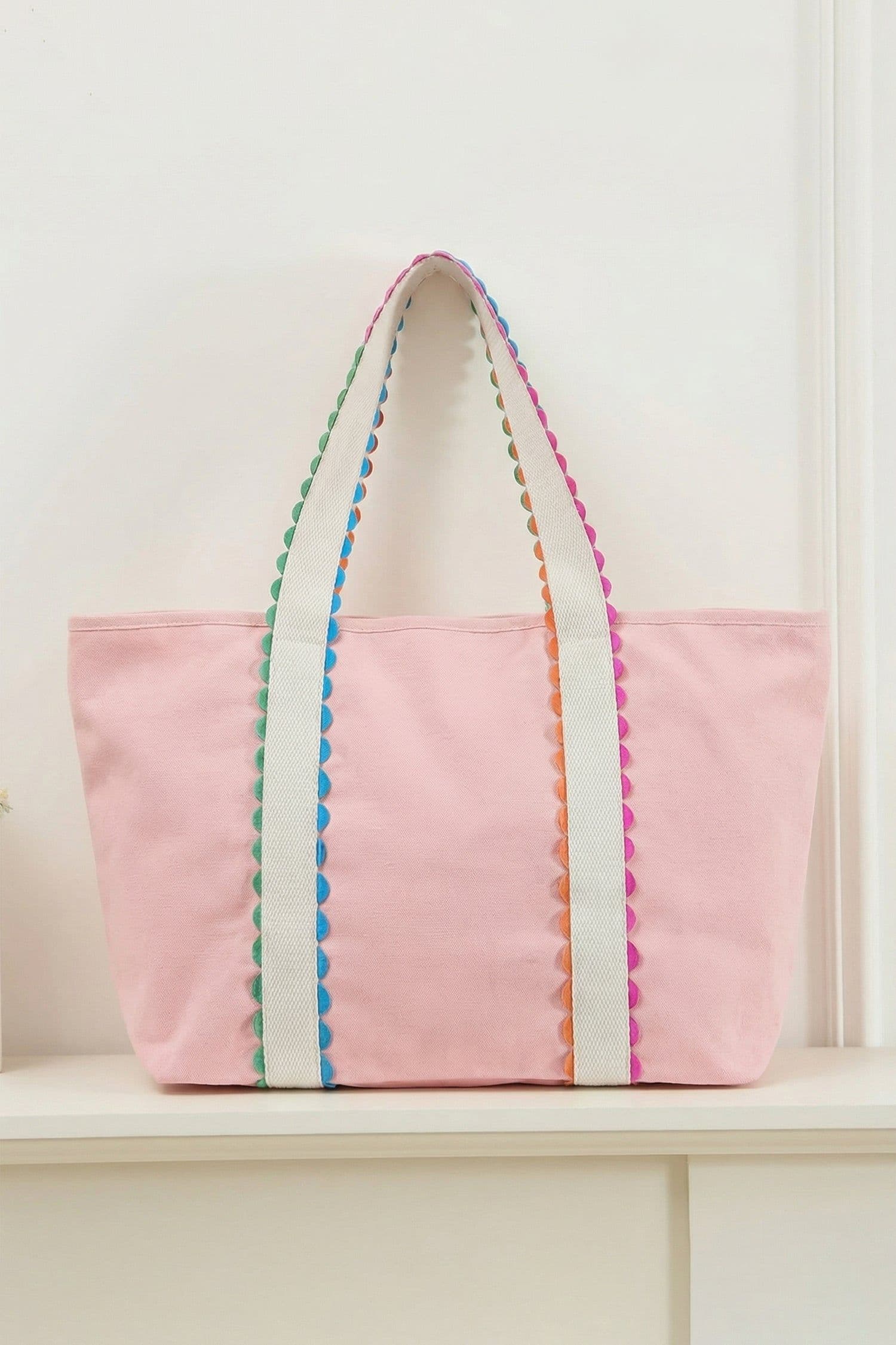 image-White Canvas Tote Bag - Colorful Ricrac Detail