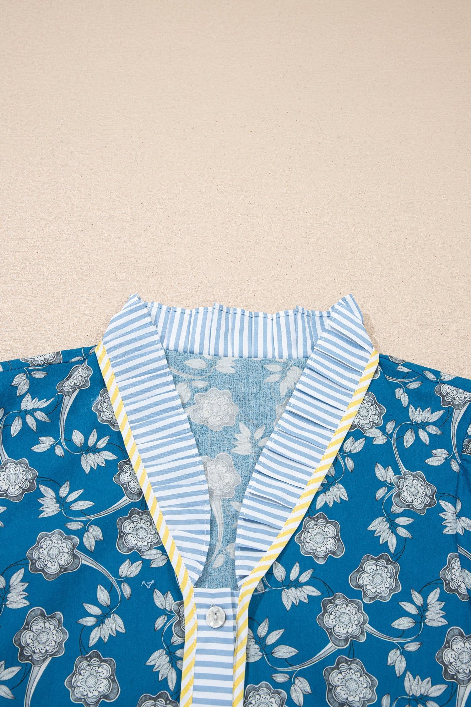 image-Blue Striped Trim Floral Dress Short Sleeve