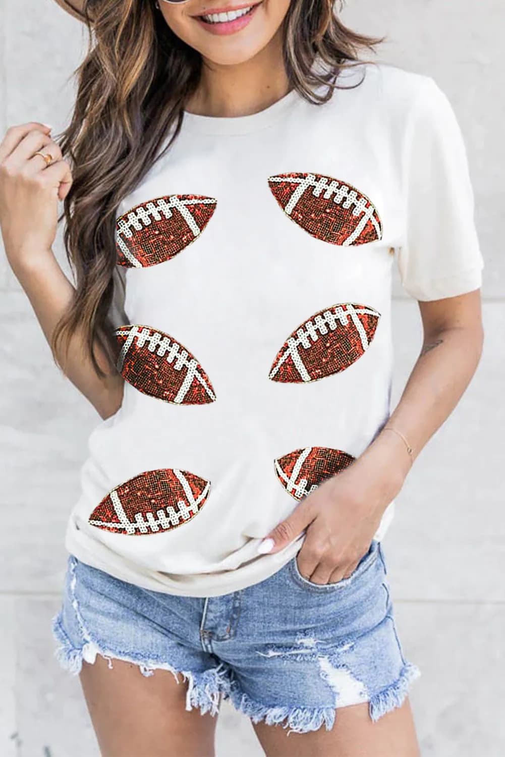 image-White Sequined Rugby Football Graphic T-Shirt