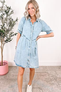 image-Beau Blue Mineral Wash Ruffled Denim Dress