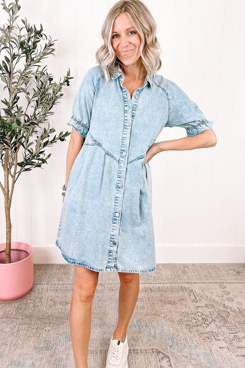 image-Beau Blue Mineral Wash Ruffled Denim Dress