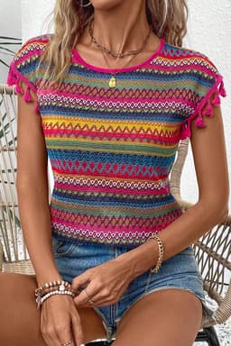 image-Rose Red Jacquard Tasseled Cap Sleeve Top - Luxurious Fabric