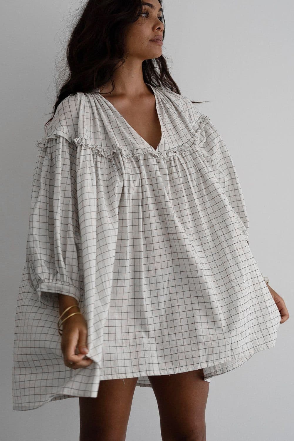 image-Chic White Stripe Frilled Babydoll Dress - V Neck, Lightweight Sleeves