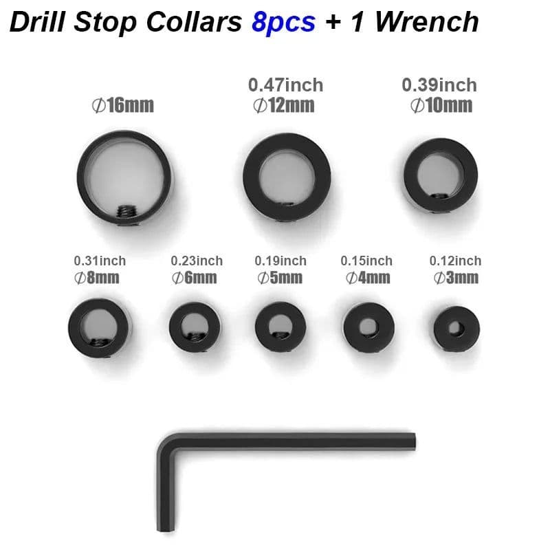image-Drill Stoper Collar Set Stop Bit Ring Shaft Limit Metric Lock Steel Press Depth Ajustable Positioner Hole Guide Woodwork Tool