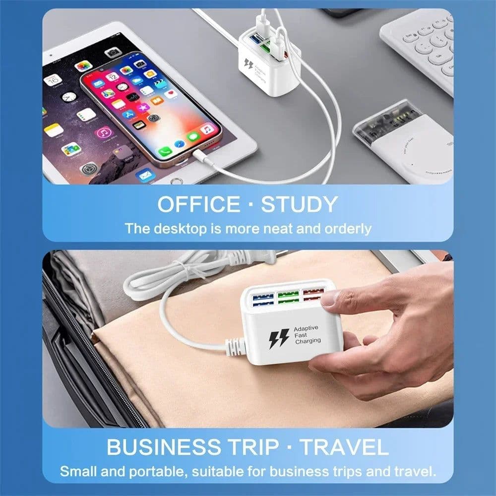image-Fast USB Charger 6 in 1 Power Strip Desktop Charging Station Fast Charging 1m Cord USB HUB Adapter Socket for iPhone 16 Home
