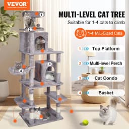 image-VEVOR Cat Tree for Indoor Cats, 68.5" Cat Tower with 2 Cat Condos, Sisal Scratching Post, Hammock, Top Perch, Jumping Platforms, Large Cat Furniture Activity Center with Hang Ball, Light Grey
