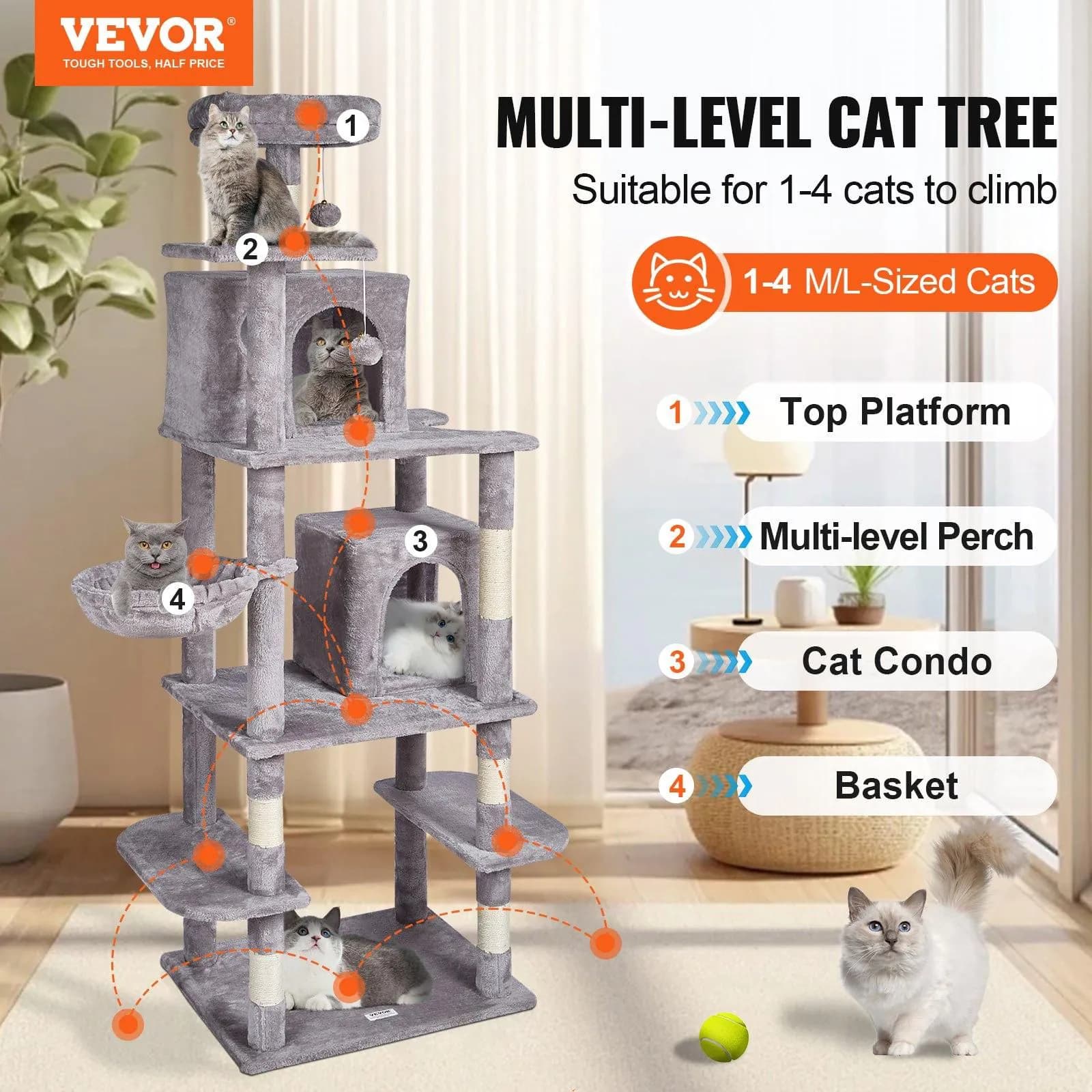 image-VEVOR Cat Tree for Indoor Cats, 68.5" Cat Tower with 2 Cat Condos, Sisal Scratching Post, Hammock, Top Perch, Jumping Platforms, Large Cat Furniture Activity Center with Hang Ball, Light Grey