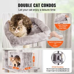 image-VEVOR Cat Tree for Indoor Cats, 68.5" Cat Tower with 2 Cat Condos, Sisal Scratching Post, Hammock, Top Perch, Jumping Platforms, Large Cat Furniture Activity Center with Hang Ball, Light Grey