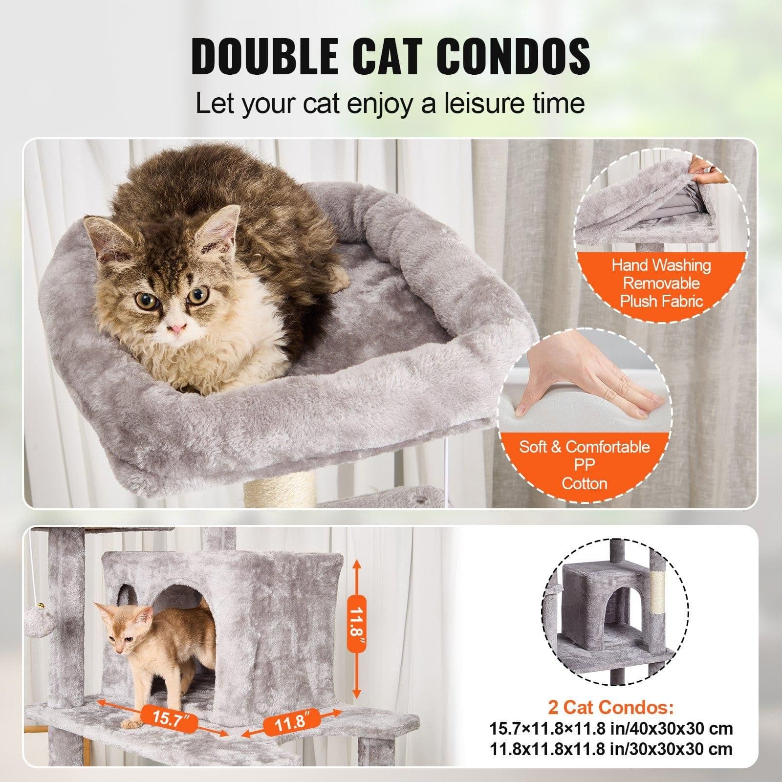 image-VEVOR Cat Tree for Indoor Cats, 68.5" Cat Tower with 2 Cat Condos, Sisal Scratching Post, Hammock, Top Perch, Jumping Platforms, Large Cat Furniture Activity Center with Hang Ball, Light Grey