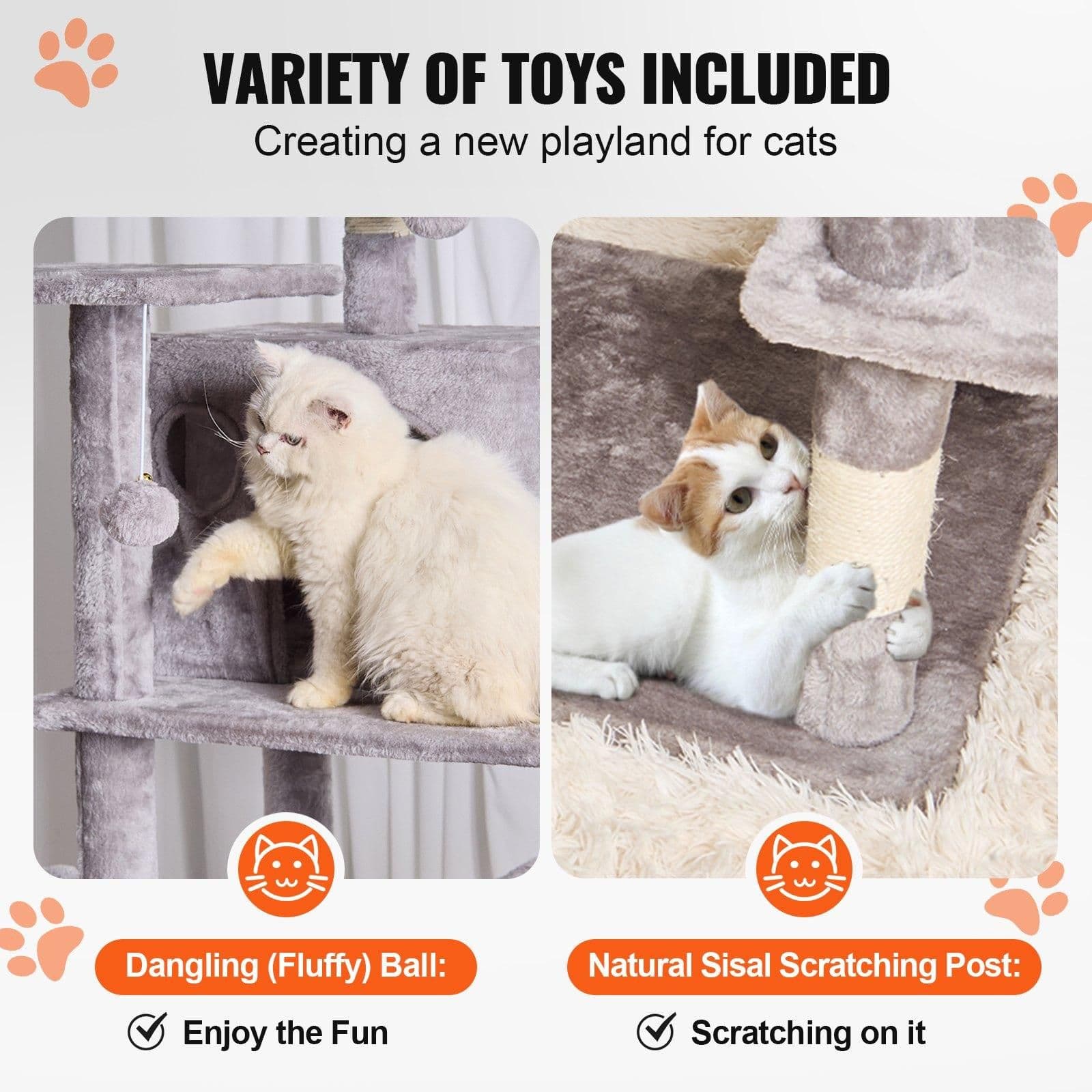 image-VEVOR Cat Tree for Indoor Cats, 68.5" Cat Tower with 2 Cat Condos, Sisal Scratching Post, Hammock, Top Perch, Jumping Platforms, Large Cat Furniture Activity Center with Hang Ball, Light Grey