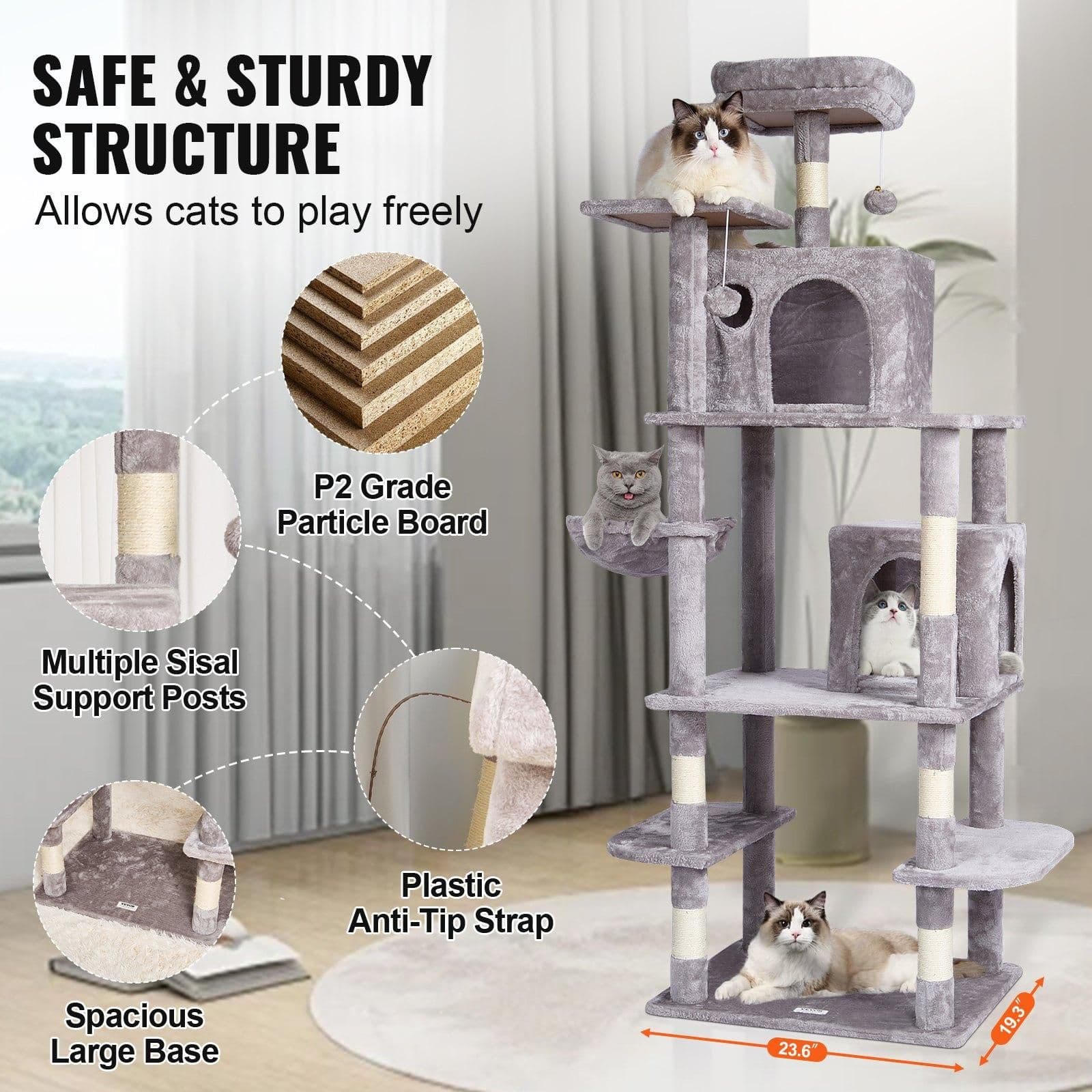 image-VEVOR Cat Tree for Indoor Cats, 68.5" Cat Tower with 2 Cat Condos, Sisal Scratching Post, Hammock, Top Perch, Jumping Platforms, Large Cat Furniture Activity Center with Hang Ball, Light Grey