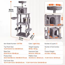 image-VEVOR Cat Tree for Indoor Cats, 68.5" Cat Tower with 2 Cat Condos, Sisal Scratching Post, Hammock, Top Perch, Jumping Platforms, Large Cat Furniture Activity Center with Hang Ball, Light Grey