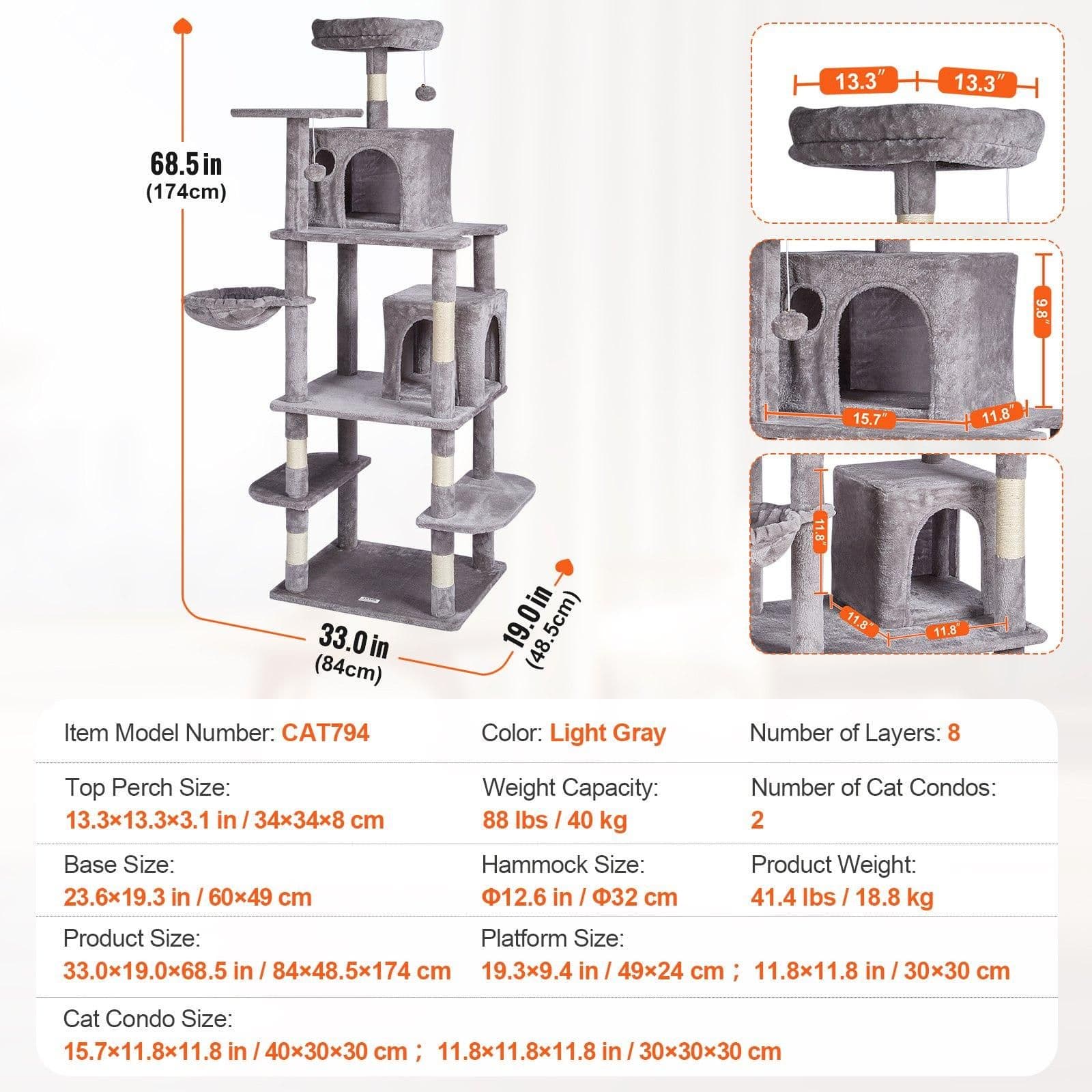 image-VEVOR Cat Tree for Indoor Cats, 68.5" Cat Tower with 2 Cat Condos, Sisal Scratching Post, Hammock, Top Perch, Jumping Platforms, Large Cat Furniture Activity Center with Hang Ball, Light Grey