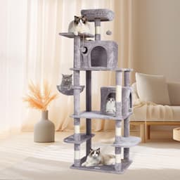 image-VEVOR Cat Tree for Indoor Cats, 68.5" Cat Tower with 2 Cat Condos, Sisal Scratching Post, Hammock, Top Perch, Jumping Platforms, Large Cat Furniture Activity Center with Hang Ball, Light Grey