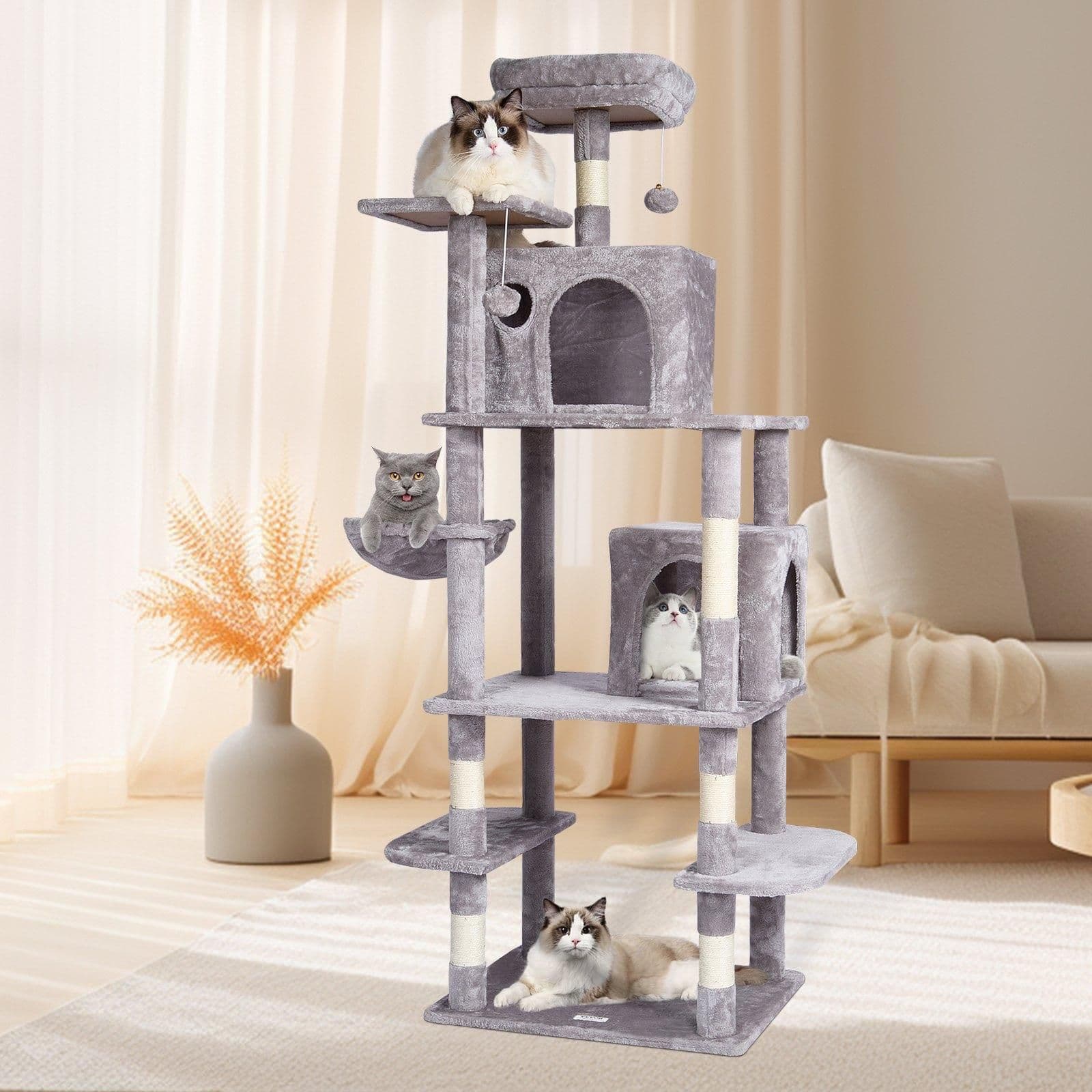 image-VEVOR Cat Tree for Indoor Cats, 68.5" Cat Tower with 2 Cat Condos, Sisal Scratching Post, Hammock, Top Perch, Jumping Platforms, Large Cat Furniture Activity Center with Hang Ball, Light Grey