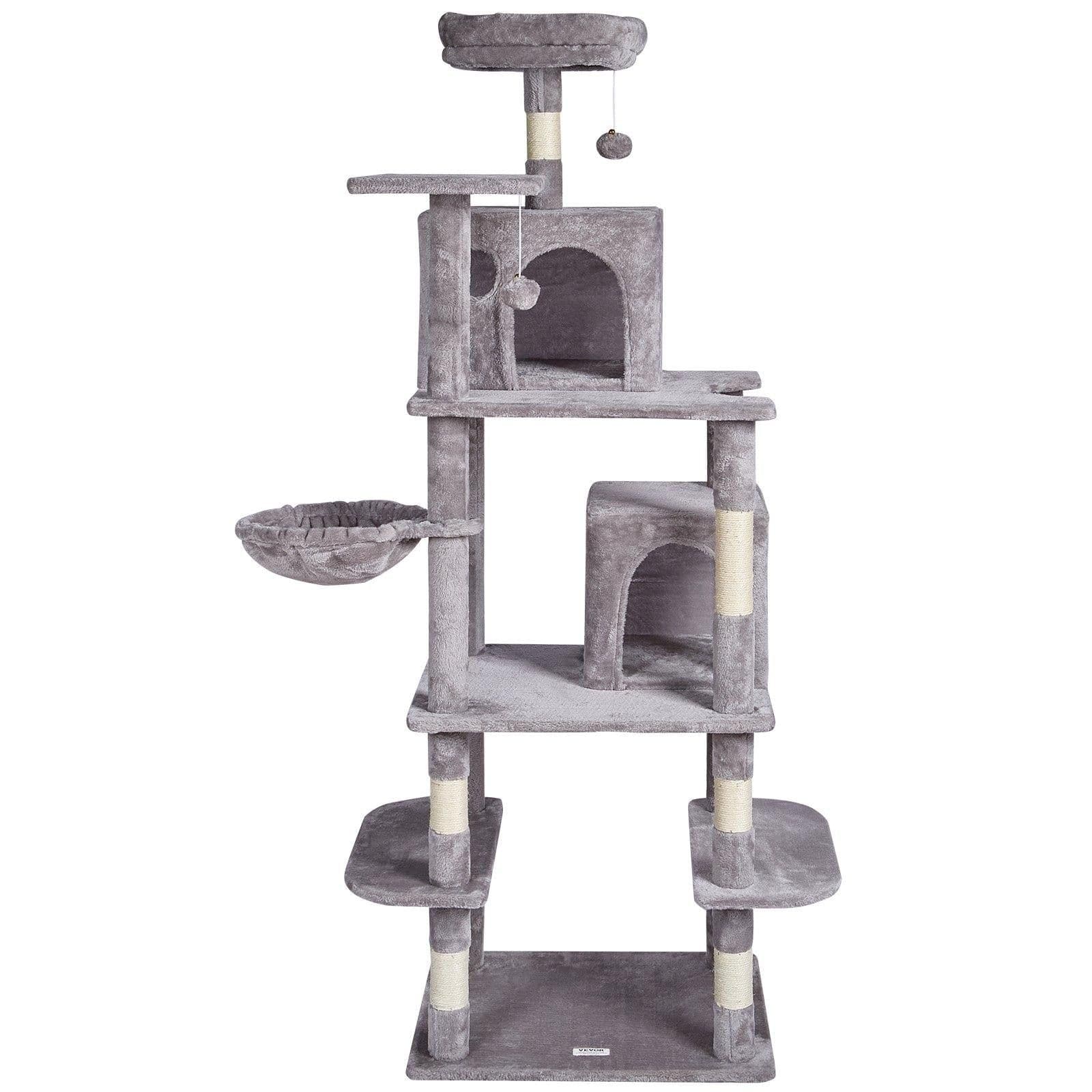 image-VEVOR Cat Tree for Indoor Cats, 68.5" Cat Tower with 2 Cat Condos, Sisal Scratching Post, Hammock, Top Perch, Jumping Platforms, Large Cat Furniture Activity Center with Hang Ball, Light Grey