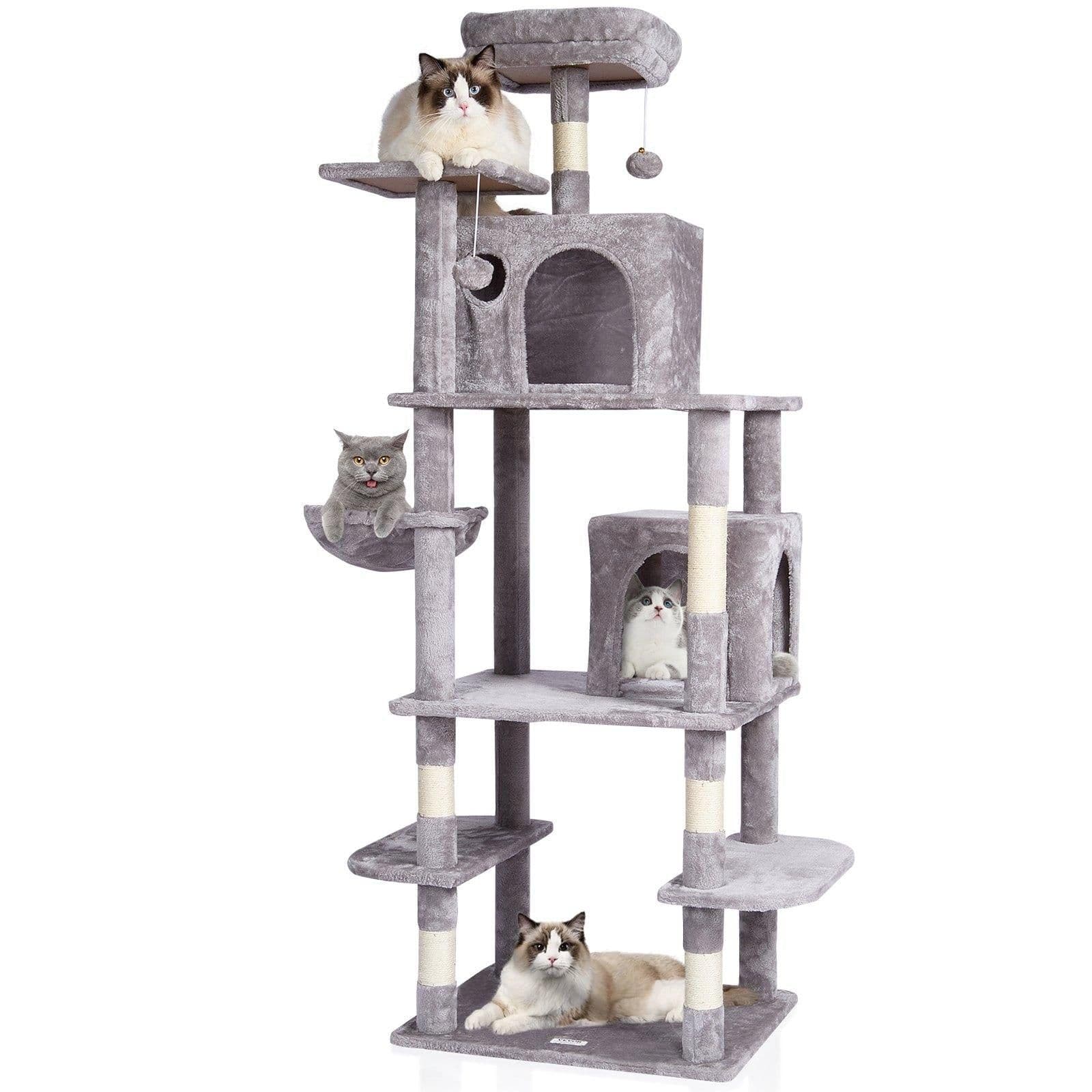 image-VEVOR Cat Tree for Indoor Cats, 68.5" Cat Tower with 2 Cat Condos, Sisal Scratching Post, Hammock, Top Perch, Jumping Platforms, Large Cat Furniture Activity Center with Hang Ball, Light Grey