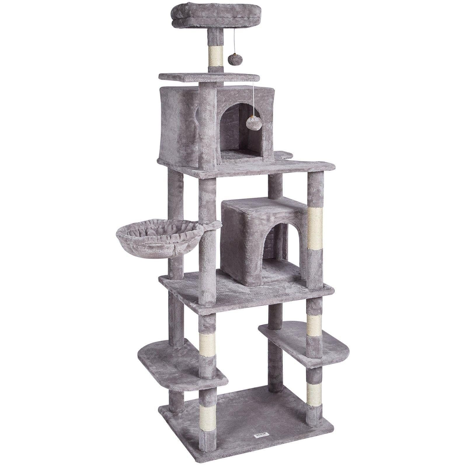 image-VEVOR Cat Tree for Indoor Cats, 68.5" Cat Tower with 2 Cat Condos, Sisal Scratching Post, Hammock, Top Perch, Jumping Platforms, Large Cat Furniture Activity Center with Hang Ball, Light Grey
