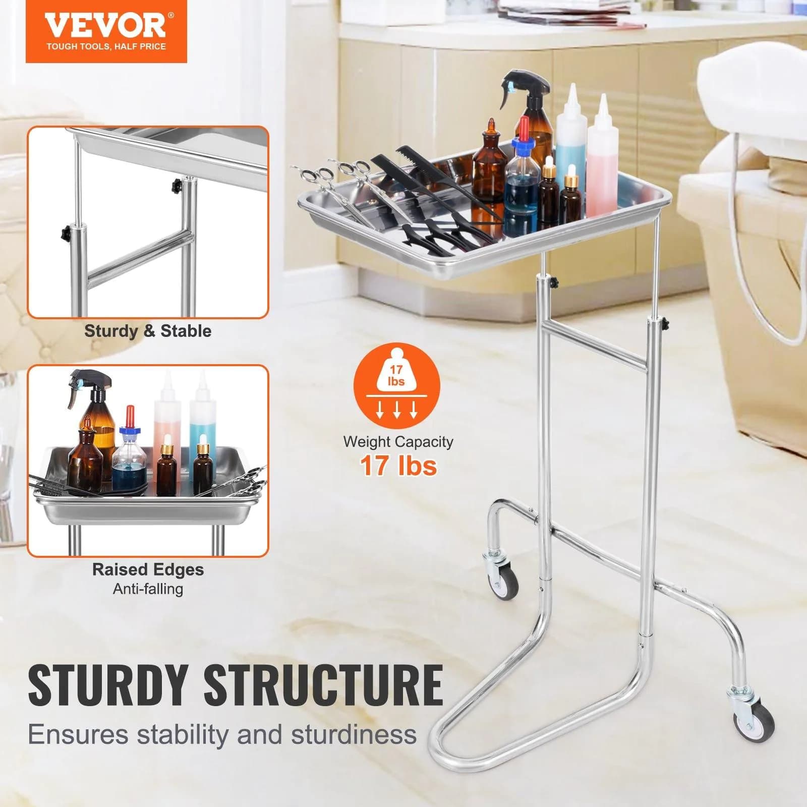 image-VEVOR Stainless Steel Lab Carts, Lab Utility Cart with Single Tray, Mobile Medical Cart with 2 Silent Wheels, Lab Rolling Cart for Lab, Clinic, Hospital, Salon