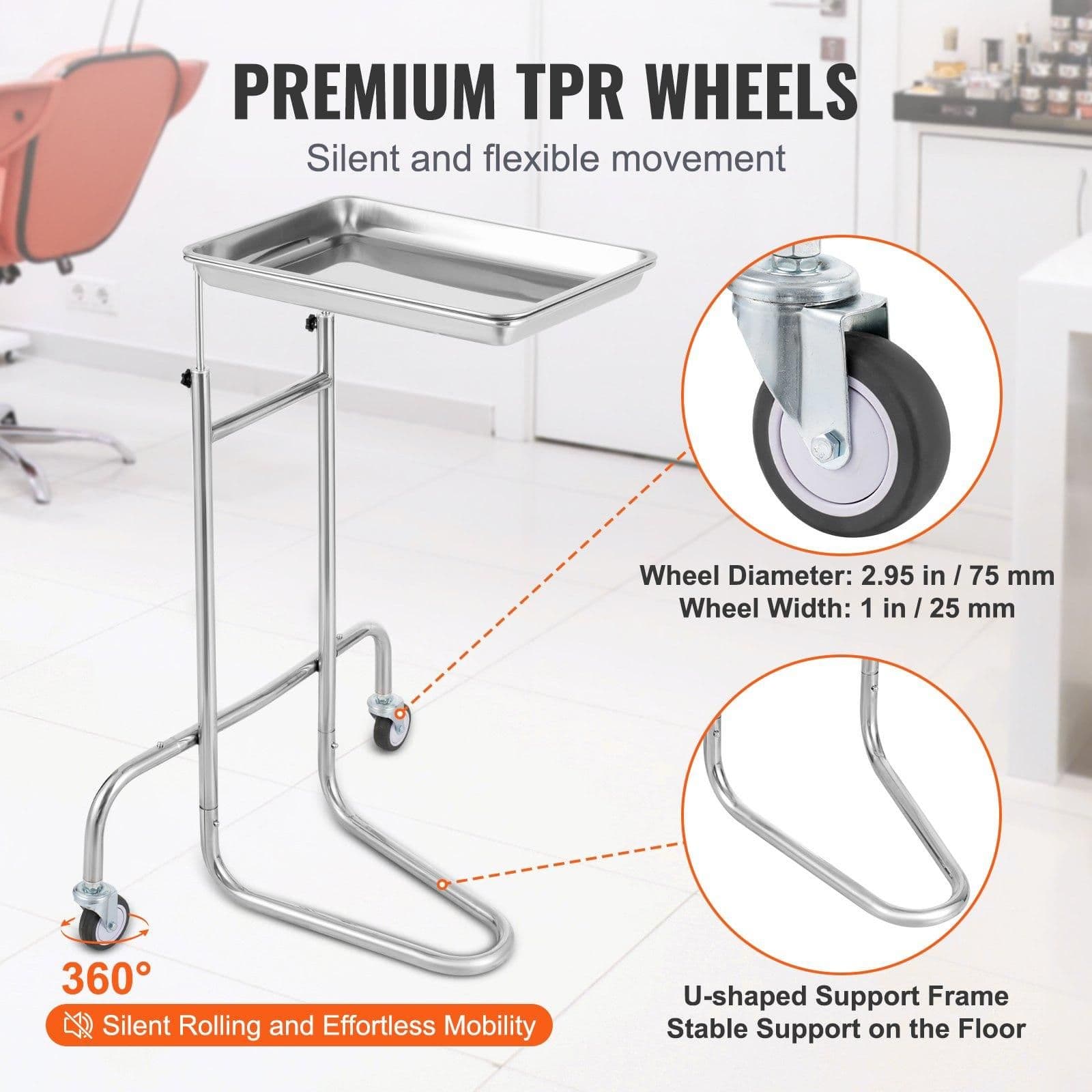 image-VEVOR Stainless Steel Lab Carts, Lab Utility Cart with Single Tray, Mobile Medical Cart with 2 Silent Wheels, Lab Rolling Cart for Lab, Clinic, Hospital, Salon