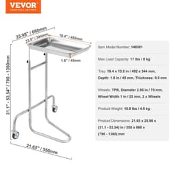 image-VEVOR Stainless Steel Lab Carts, Lab Utility Cart with Single Tray, Mobile Medical Cart with 2 Silent Wheels, Lab Rolling Cart for Lab, Clinic, Hospital, Salon