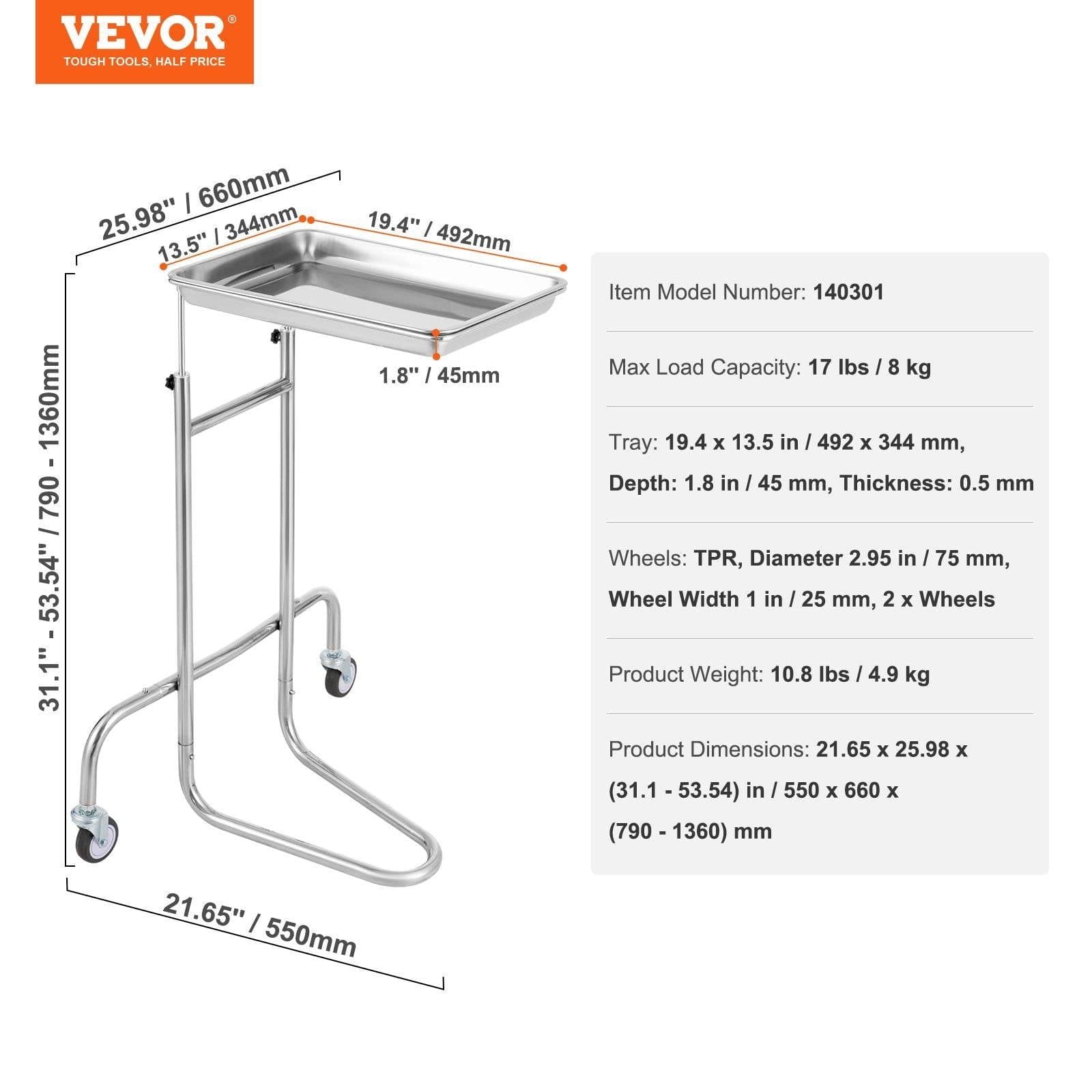 image-VEVOR Stainless Steel Lab Carts, Lab Utility Cart with Single Tray, Mobile Medical Cart with 2 Silent Wheels, Lab Rolling Cart for Lab, Clinic, Hospital, Salon