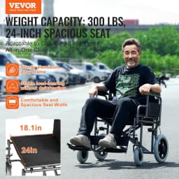 image-VEVOR Wheelchair, Carbon Steel Transport Chair for Adults, Foldable Wheelchair with Detachable Armrest, Self-locking Brake, 24-Inch Wide Seat, 300lbs Weight Capacity, for the Disabled Move Freely