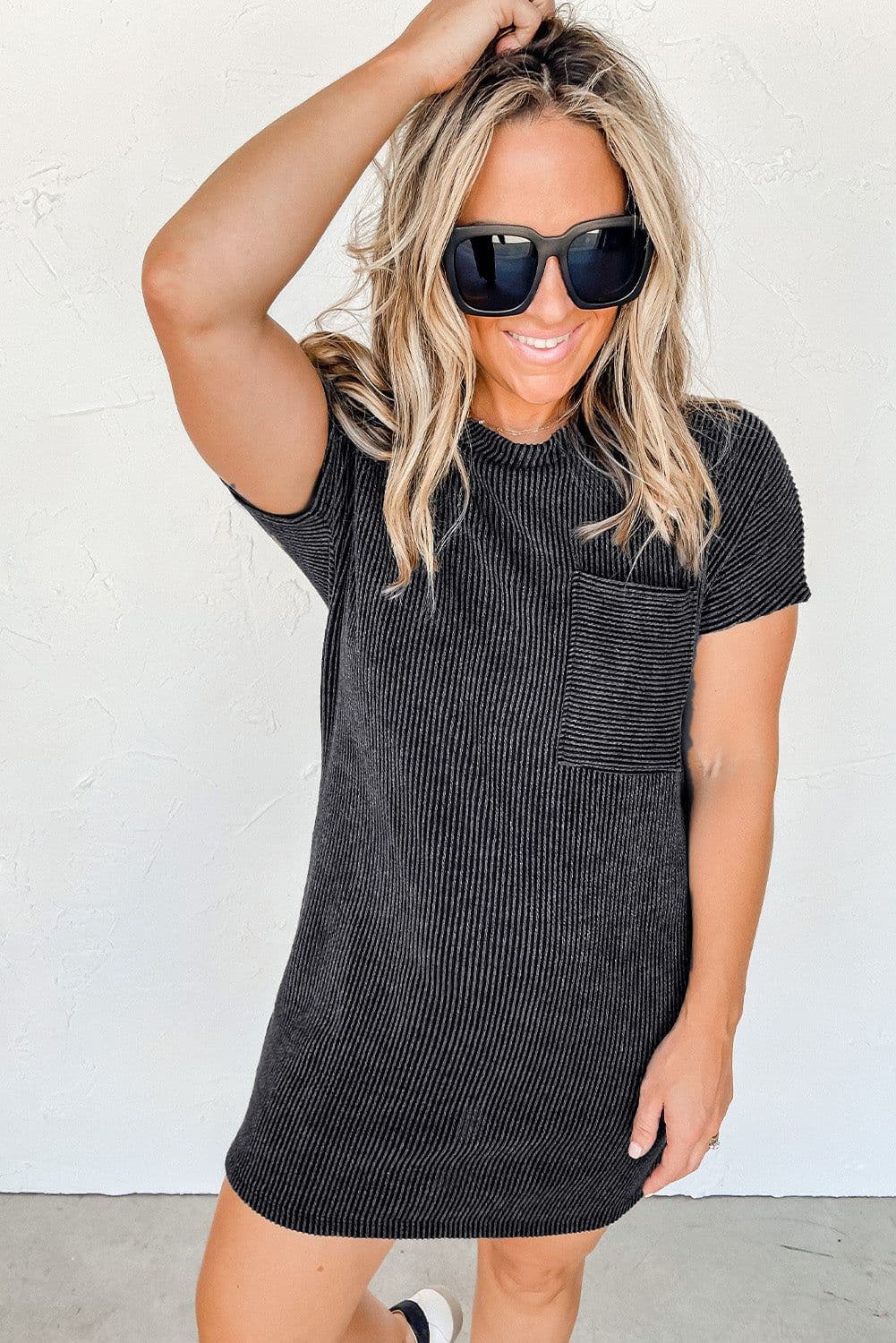image-Blue Striped Ribbed Knit T-Shirt Shift Dress, Size Chart, Loose Fit, Fashionable Patch Pocket