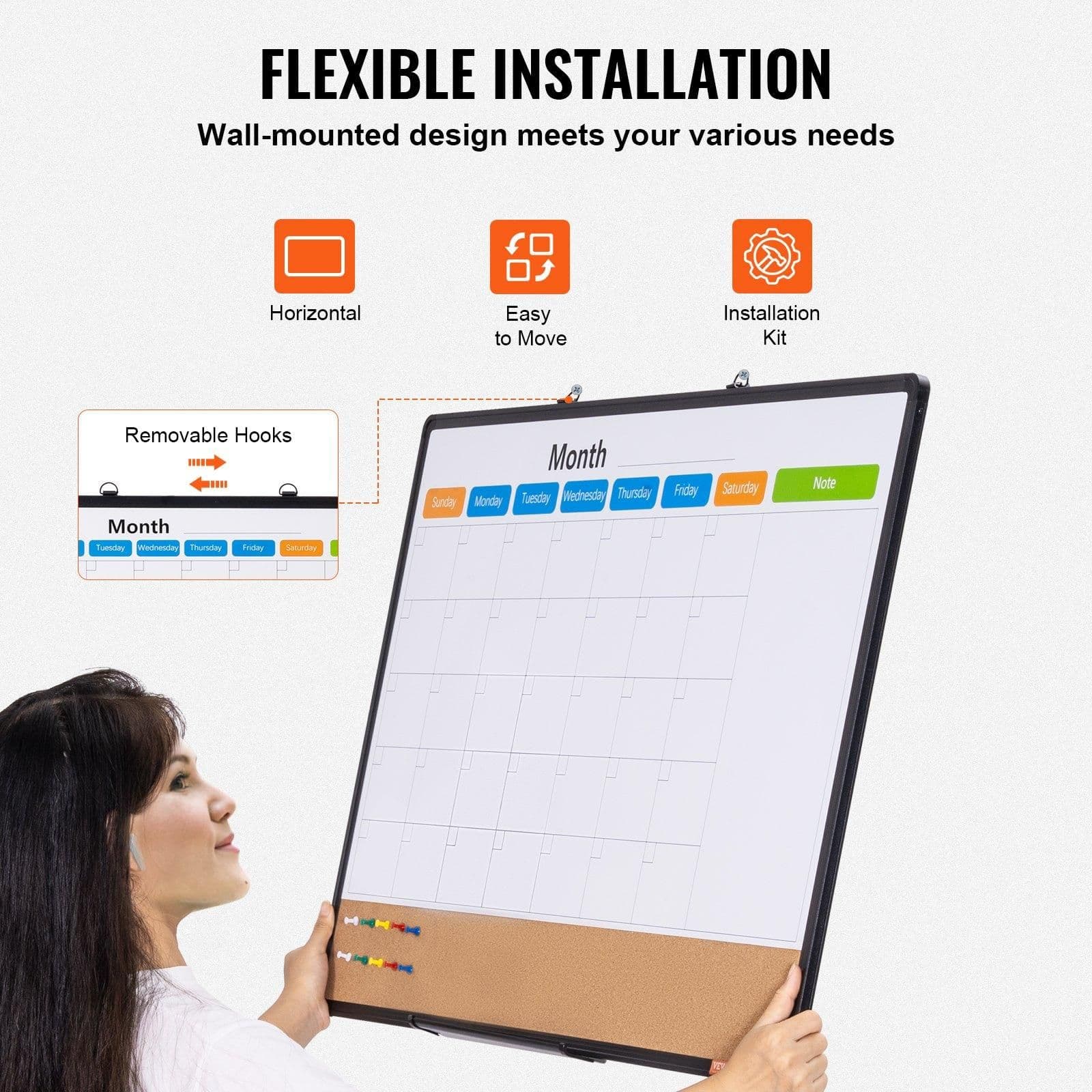 image-VEVOR 36"x 24" Monthly Calendar Whiteboard & Cork Board Combo with Aluminum Frame Bulletin Board