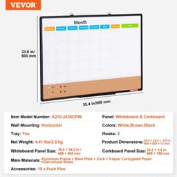 image-VEVOR 36"x 24" Monthly Calendar Whiteboard & Cork Board Combo with Aluminum Frame Bulletin Board