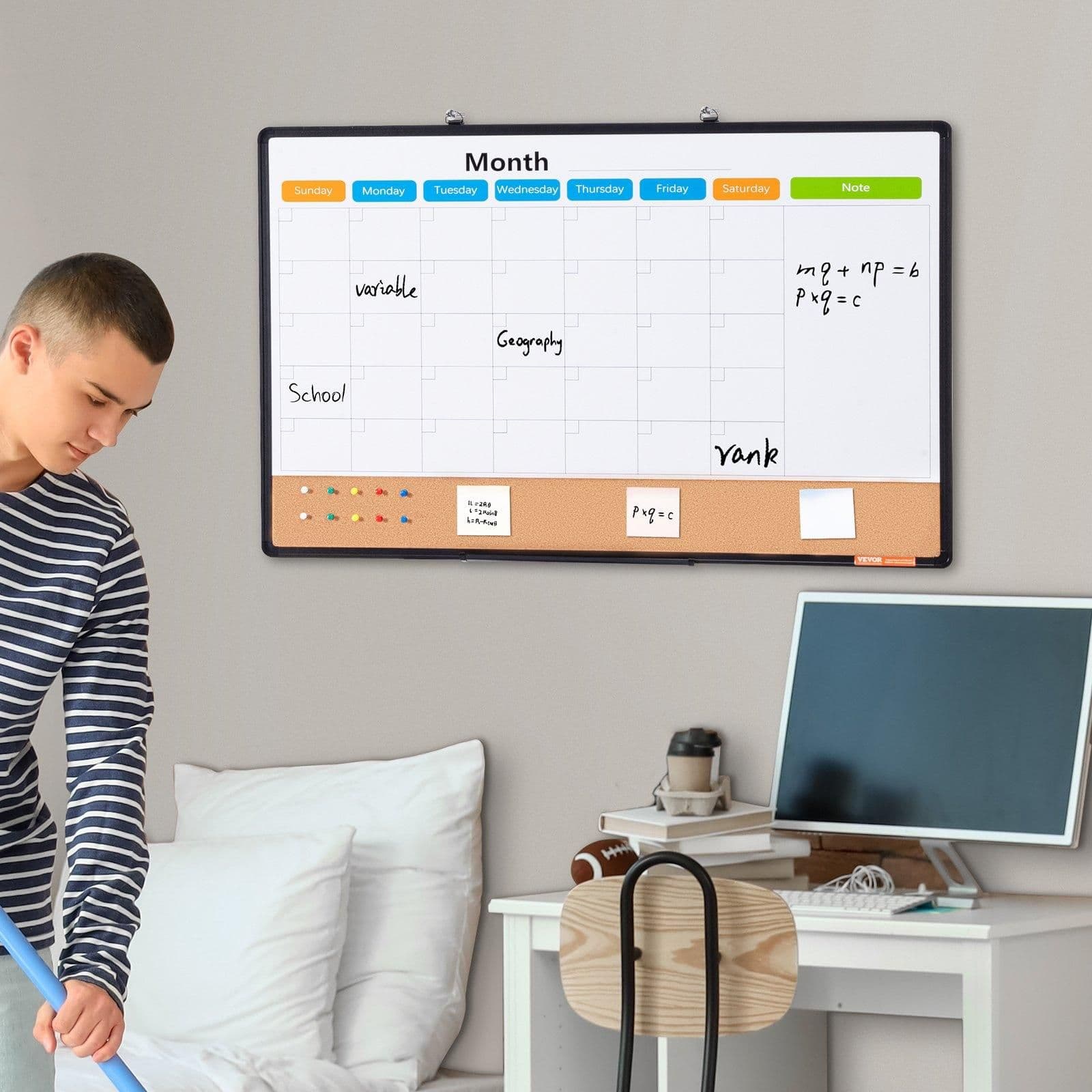 image-VEVOR 36"x 24" Monthly Calendar Whiteboard & Cork Board Combo with Aluminum Frame Bulletin Board