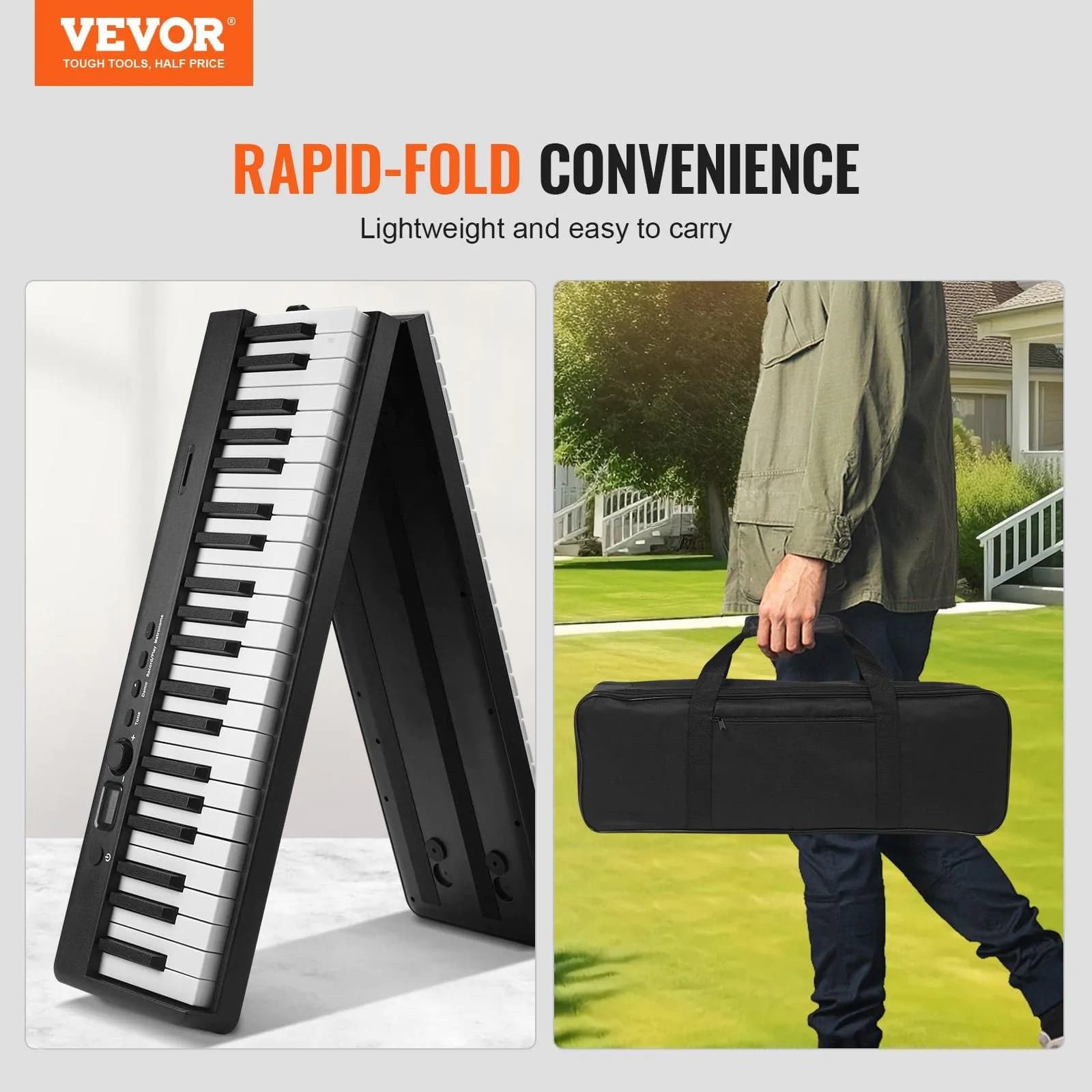image-VEVOR 88 Key Folding Keyboard Piano, Bluetooth & MIDI, Portable Electronic Digital Foldable Piano with Sustain Pedal Bag Touch Sensitive Keys Headphones, Rechargeable for Beginners Teens Adults, Black