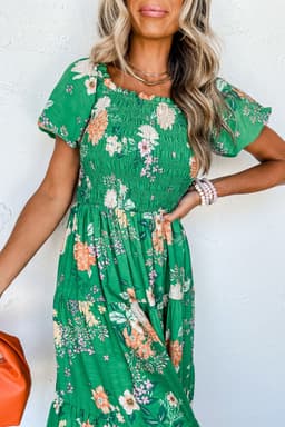 image-Floral Print Bubble Sleeve Midi Dress - Tiered Smocked Design (59 characters)