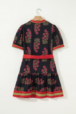 image-Black Retro Floral Print Button Down Belted Short Puff Sleeve Mini Dress
