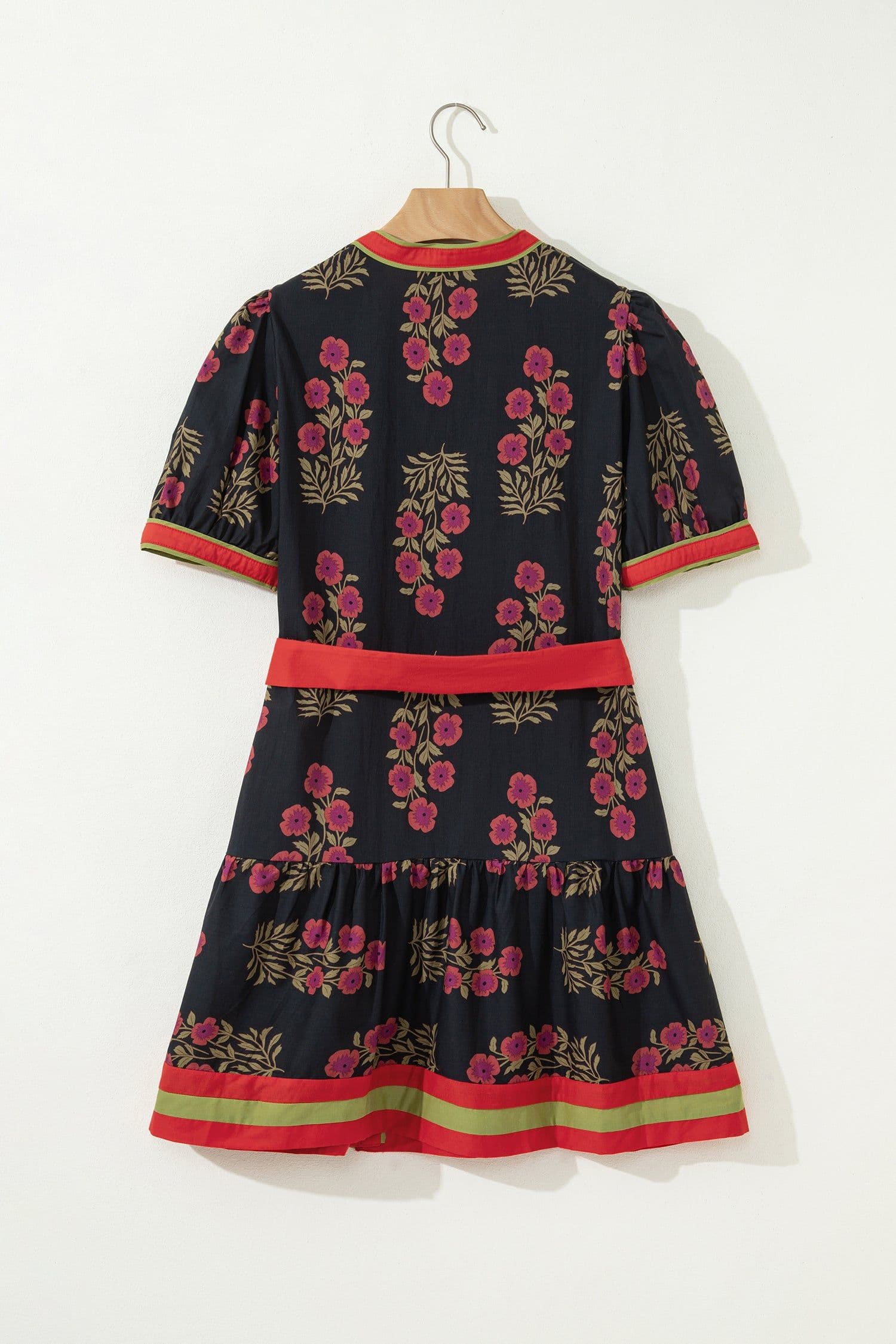 image-Black Retro Floral Print Button Down Belted Short Puff Sleeve Mini Dress
