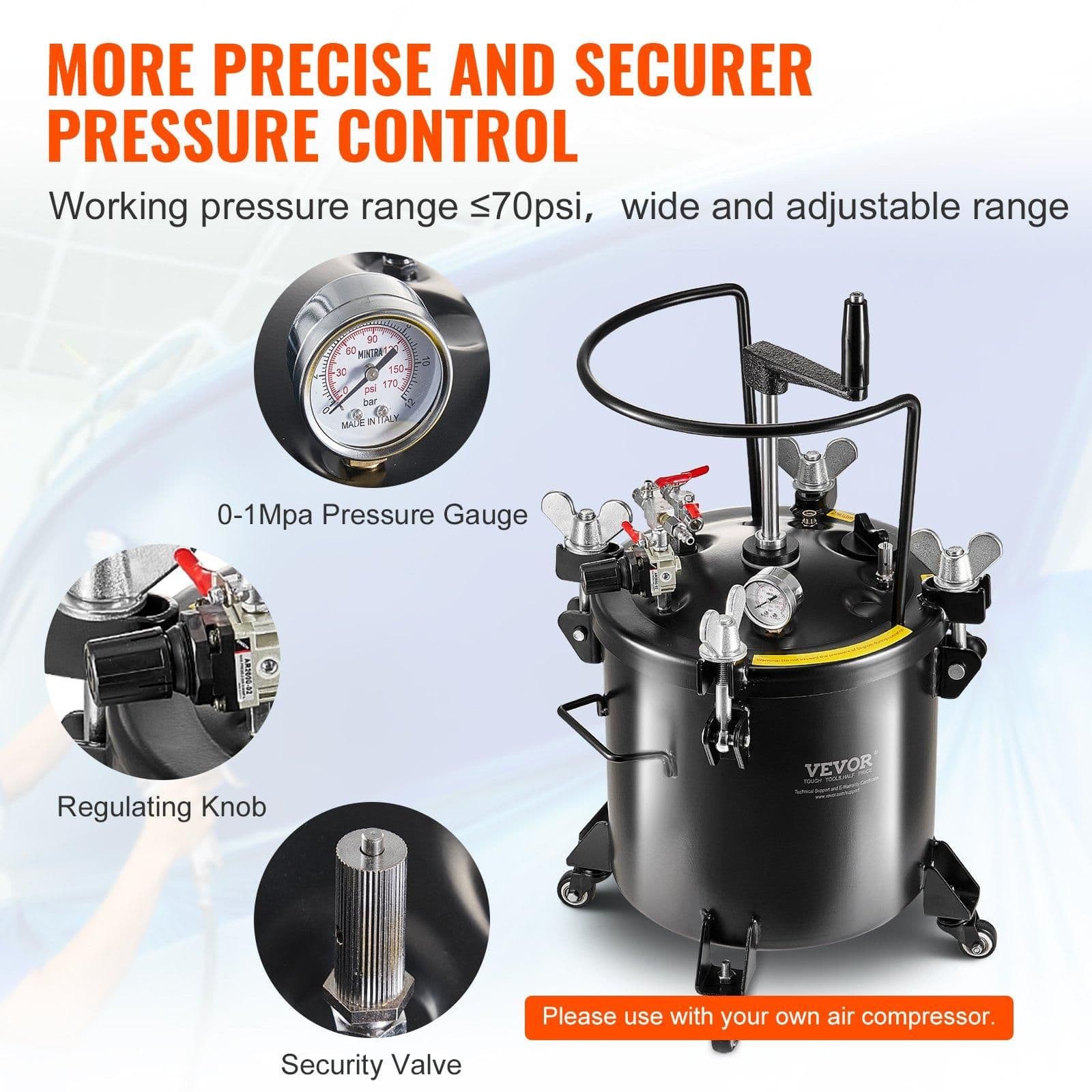 image-VEVOR Spray Paint Pressure Pot, 20L/5gal Pressure Pot Tank, 70 psi Adjustale Pressure, Steel Pressure Pot Paint Tank with Casters and Leak Repair Sealant, for Home Decor and Industry Painting