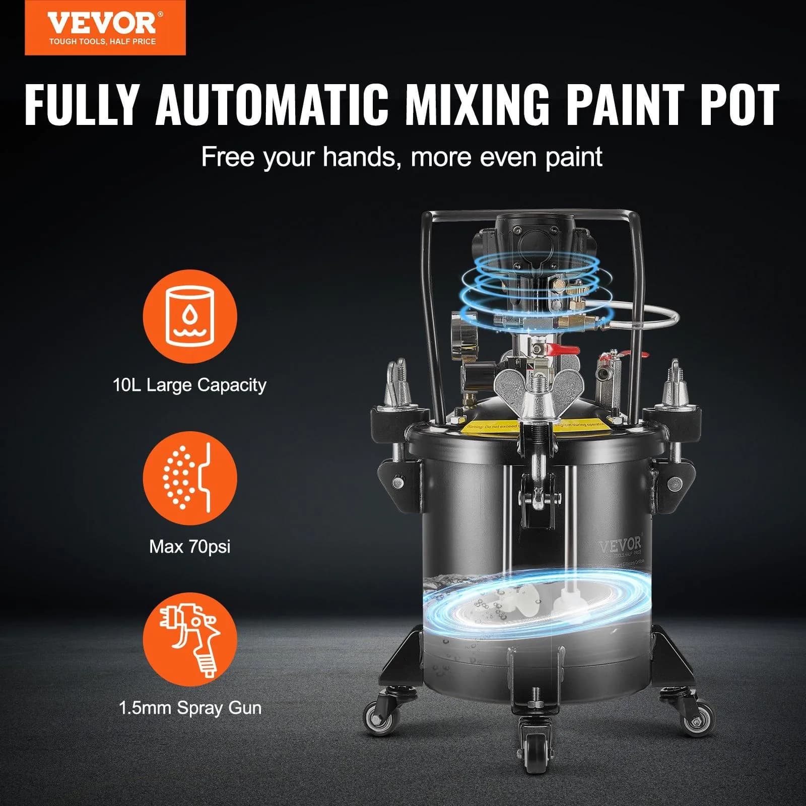 image-VEVOR Spray Paint Pressure Pot, 10 L/2.5 gal Fully Automatic Stirring Pressure Pot Tank, 70 psi Adjustale Pressure, Pressure Pot Paint Tank with Spray Gun and Hoses, for Home Decor Industry Painting