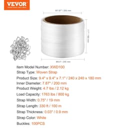 image-VEVOR Packaging Woven Cord Strapping Roll, 330' Length x 3/4" Width x 0.03" Thickness, 1763 lbs Break Strength, Heavy Duty Banding Pallet Strap Coil, Portable Strong Banding Packing Straps, White