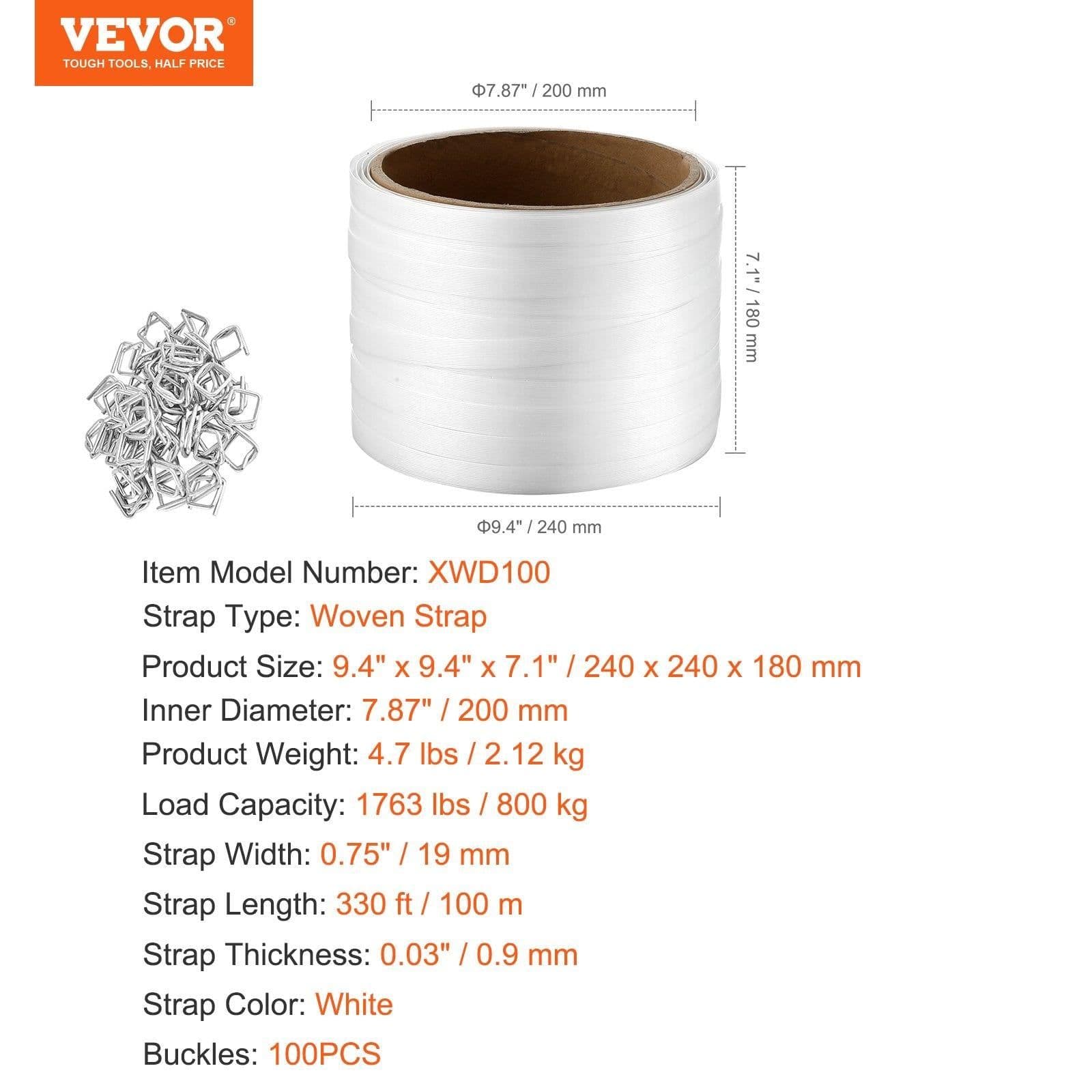 image-VEVOR Packaging Woven Cord Strapping Roll, 330' Length x 3/4" Width x 0.03" Thickness, 1763 lbs Break Strength, Heavy Duty Banding Pallet Strap Coil, Portable Strong Banding Packing Straps, White