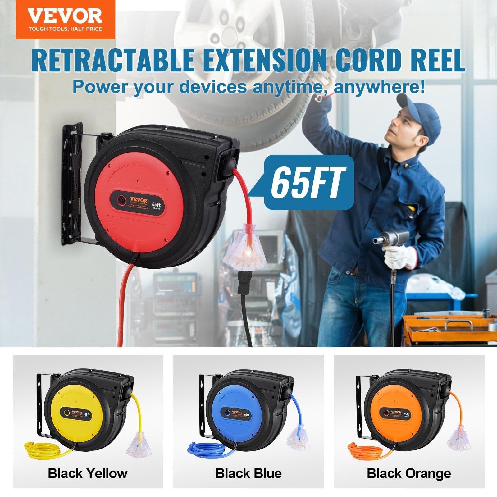 image-VEVOR Retractable Extension Cord Reel - 65ft 12AWG Heavy Duty