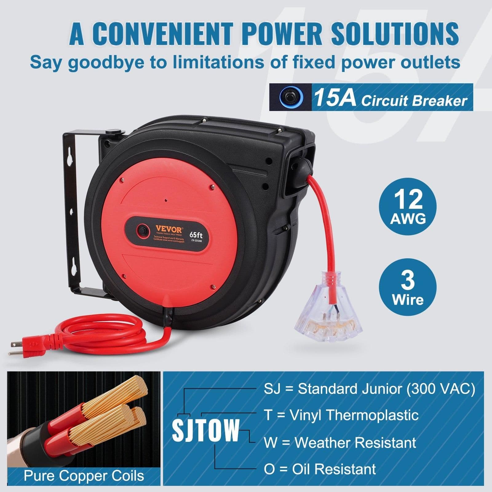 image-VEVOR Retractable Extension Cord Reel - 65ft 12AWG Heavy Duty