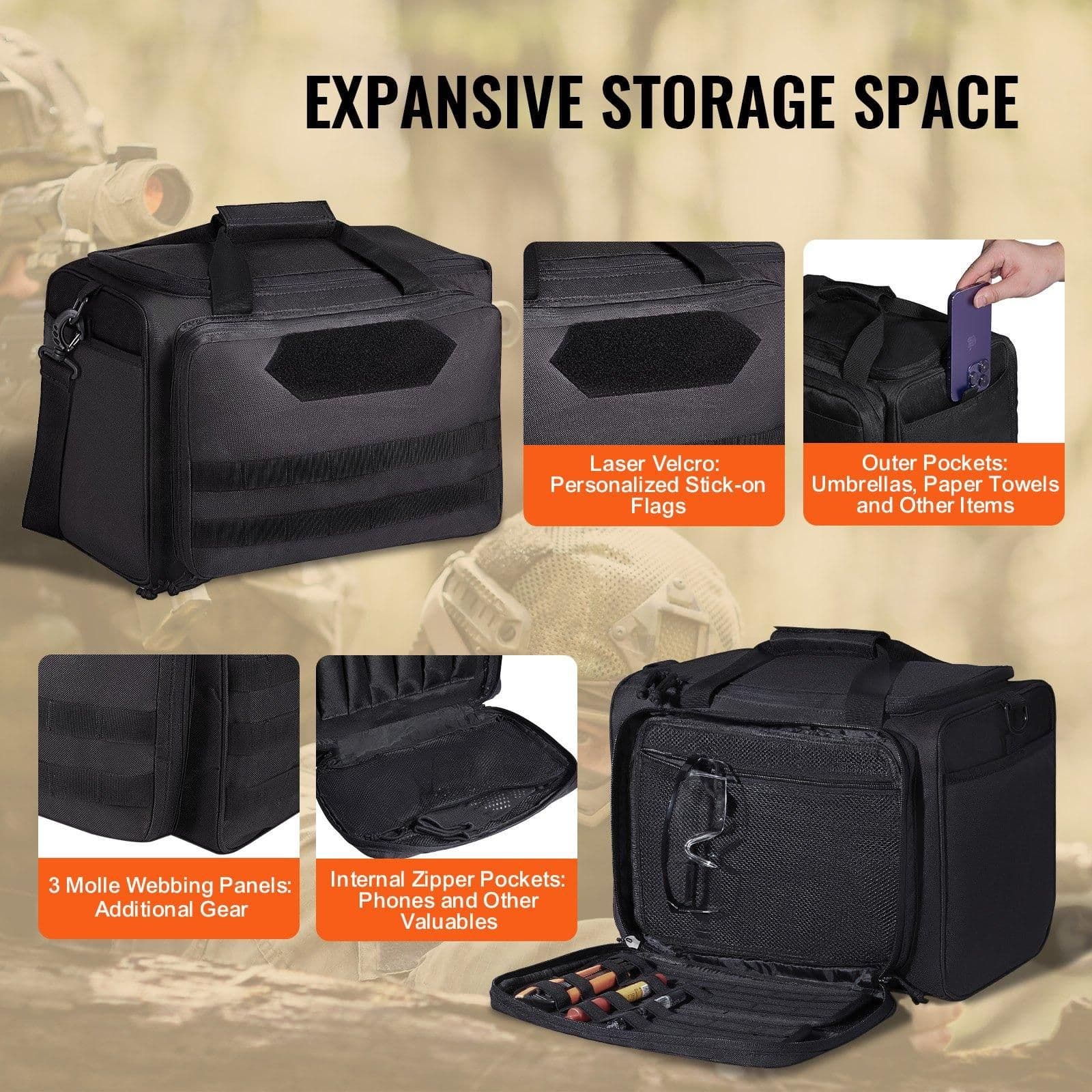 image-VEVOR Range Bag for 3 Pistols Tactical Gun Range Bag Single Shoulder Strip Black