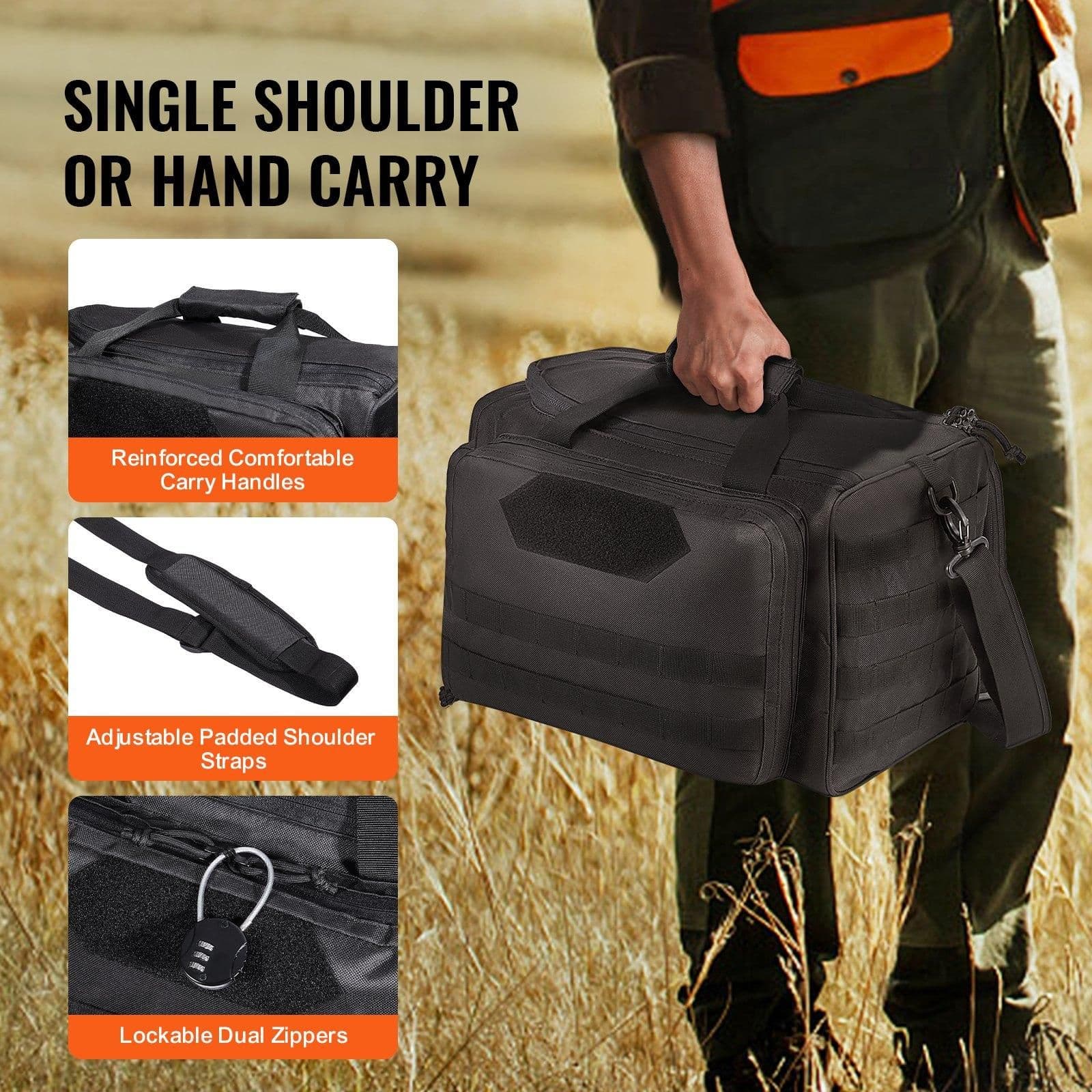 image-VEVOR Range Bag for 3 Pistols Tactical Gun Range Bag Single Shoulder Strip Black