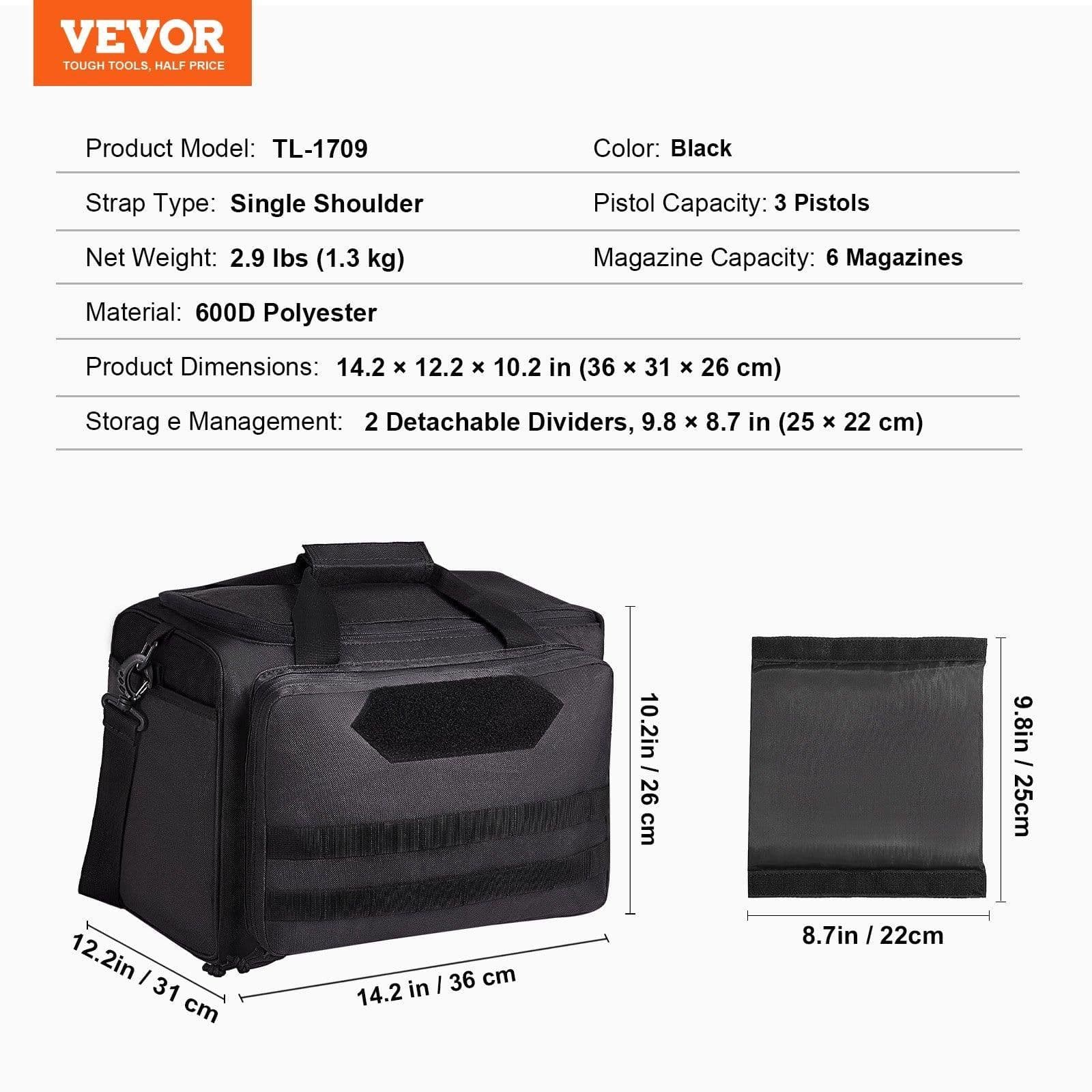 image-VEVOR Range Bag for 3 Pistols Tactical Gun Range Bag Single Shoulder Strip Black