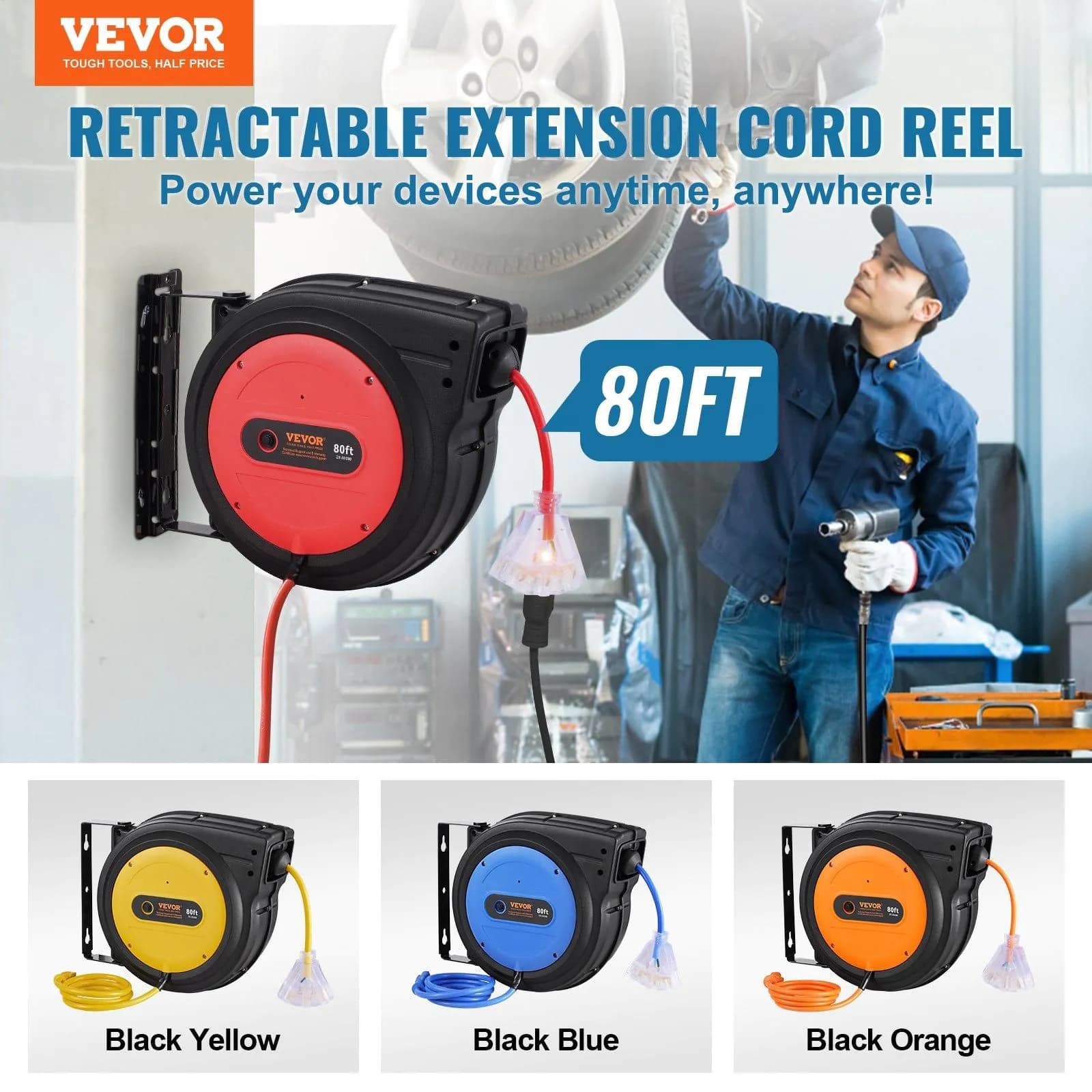 image-VEVOR Retractable Extension Cord Reel - 80 ft 12AWG Heavy Duty